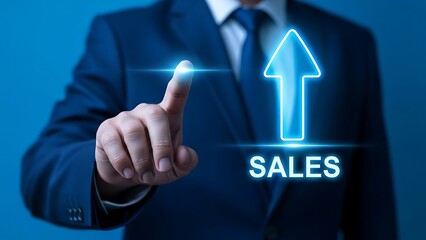 Man in suit pointing at upward arrow with sales text on blue background