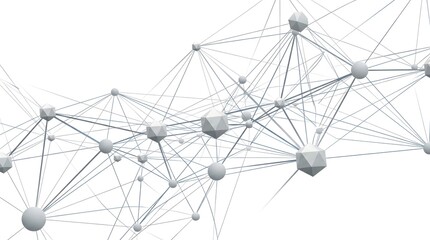 Abstract 3D network of connected geometric shapes on white background,conceptual illustration of digital communication,technology and data structures