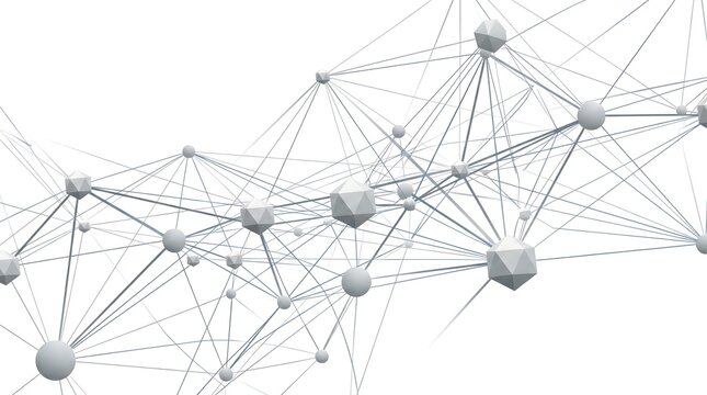 Abstract 3D network of connected geometric shapes on white background,conceptual illustration of digital communication,technology and data structures - Powered by Adobe