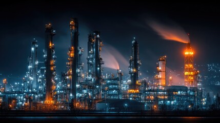 Oil refinery glowing at night with bright lights, flare stack emitting fire, industrial skyline, complex pipe network, petrochemical plant operation, energy production site, night scene