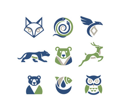Geometric animal icons fox snake eagle bear deer owl vector illustration