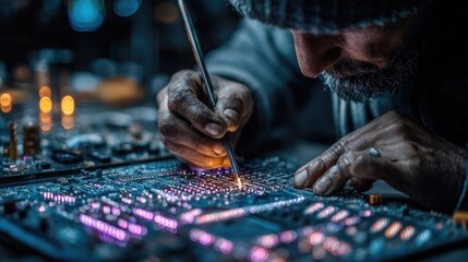 Person repairing circuit boards with neon lighting, close-up of electronics assembly, tech workspace illuminated, precision soldering tools, digital hardware fix scene, vibrant tech setting
