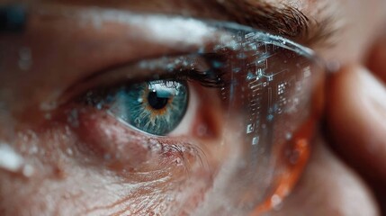 Person using augmented reality contact lenses, smart visual overlay on eye, data-enhanced vision tech, wearable digital optics, micro display in lens, future interface for vision