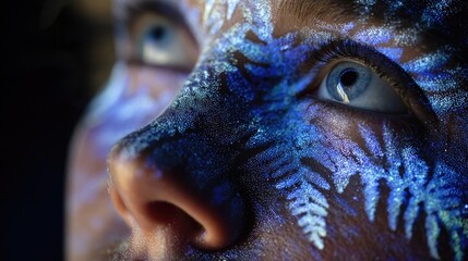 Person using facial projection mapping in artistic performance, real-time face visuals, immersive light display, tech-theater integration, creative digital expression, mapped visuals