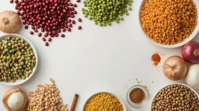 Overhead view of a variety of raw pulses and legumes including red beans green peas red lentils yellow lentils and chickpeas with onions and spices on a white background
