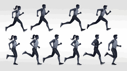 A sequence of animated running figures, showcasing the motion of male and female athletes in athletic attire.