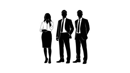 Three silhouetted figures in business attire, two men and one woman, standing against a white background.