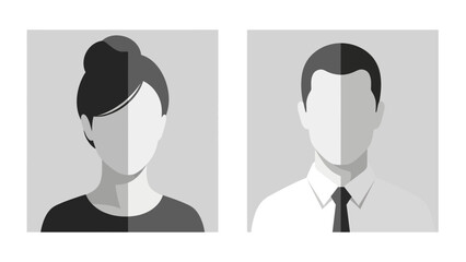 Two minimalist silhouette profile portraits, one female and one male, divided by light and shadow. © Muflif