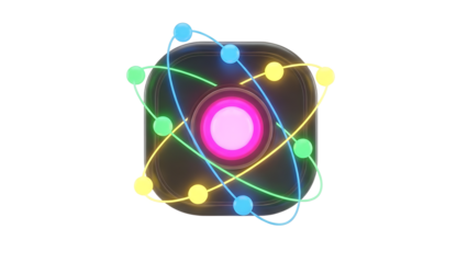 Glowing pink atom symbol on a dark square with colorful lines and dots isolated on a transparent background
