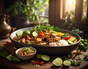 Aromatic Asian curry piled high in a bowl, featuring tofu, rice, peppers, cilantro, and limes, sitting on a wood table
