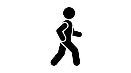 A simple black silhouette of a person walking, depicted as a stick figure with a rounded head and body, and articulated limbs.