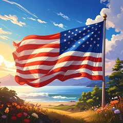 American flag waves proudly in a serene landscape under a bright, blue sky with a tranquil ocean view