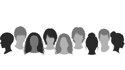 A diverse collection of silhouetted heads showcasing various hairstyles and genders against a white background.