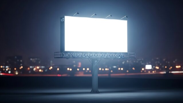 A large illuminated billboard stands prominently on a highway at night with a cityscape in the background.