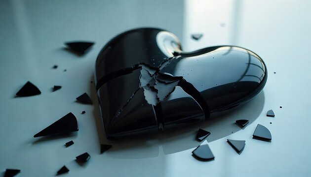 Shattered black heart lying on a reflective surface, symbolizing profound emotional pain and loss