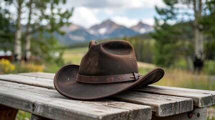 Weathered cowboy hat resting rustic wooden table mountain scenery photo