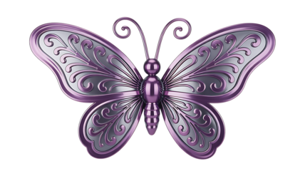 A striking purple and silver butterfly with ornate details presented on a black background