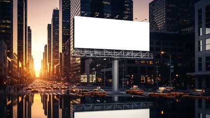 Cityscape at dusk with billboard display in urban environment surrounded by skyscrapers and traffic