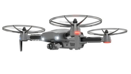 Gray drone with red lights and camera isolated on a transparent background quadcopter