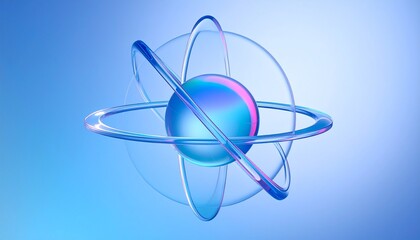 A glowing blue atomic nucleus surrounded by elliptical electron orbits on a futuristic blue gradient background.