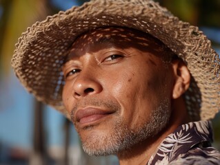 Man wearing a straw hat, close-up, slightly smiling with a tropical patterned shirt. Sunlight casts shadows from the hat on face. Background features blurred, indistinct outdoor setting