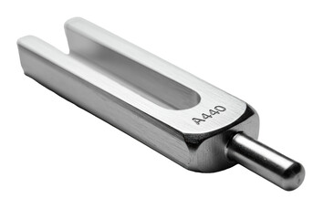 Macro photo of a reflective chrome tuning fork with a spherical base on a high-key white background with copy space. Concept of precision acoustic measurement