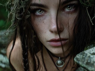 Close-up portrait of a person with intense green eyes, natural makeup, and long dark hair. The individual wears a pendant necklace and has a string of foliage in their hair