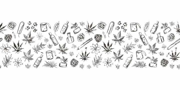 Seamless pattern of hand drawn cannabis leaves joints and related items