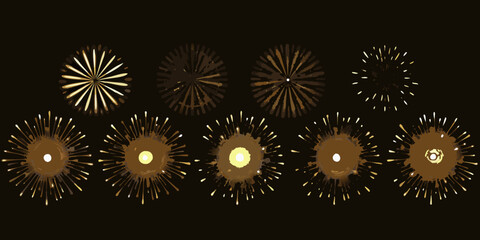 A series of golden firework bursts against a dark black background