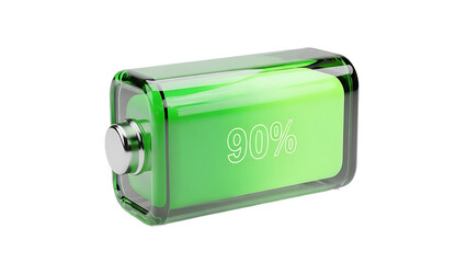 Green battery with 90 percent charge level isolated on a transparent background energy