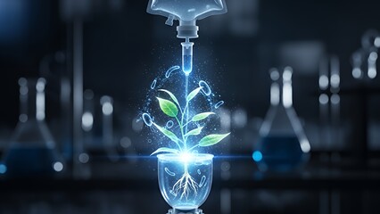Luminous genetically modified sprout receives nutrient solution infusion from an intravenous bag in a futuristic laboratory setting promoting agricultural biotechnology.