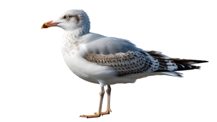 A detailed portrait of a seagull with white and grey plumage against a solid black background
