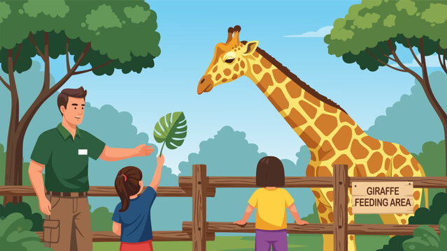 Happy Zoo Scene Vector Illustration with Giraffe Feeding Area and Visitors