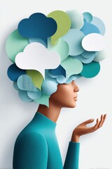 3D portrait with cloud-shaped hair and speech bubbles conveying creativity and conversation