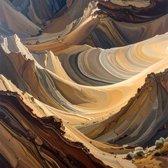 Abstract view of curving, colorful canyons under hazy sunlight. Layered sedimentary rock patterns form deep, flowing shapes