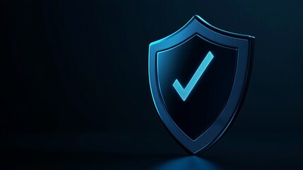 Abstract shield icon with glowing verification mark, representing security and trust, illuminated by studio lighting, minimalistic design with copy space for text