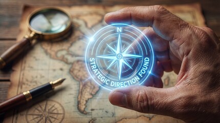 Hand holding glowing compass with strategic direction found on map&nbsp;Modern transparent style