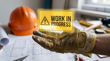 Construction worker holding work in progress sign with safety gear