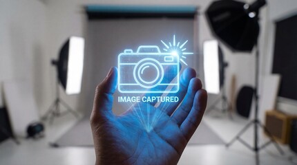 Hand holding glowing digital camera icon with image captured,&nbsp;Modern transparent style