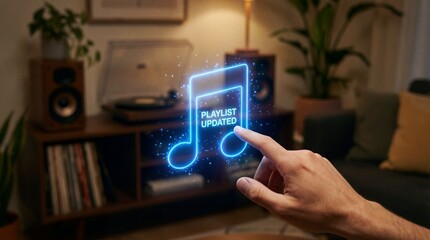 Man updating music playlist on modern smart speaker in cozy living room