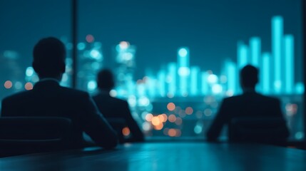 A group of professionals seated at a conference table, silhouetted against a bustling cityscape illuminated by vibrant lights and data visualizations.
