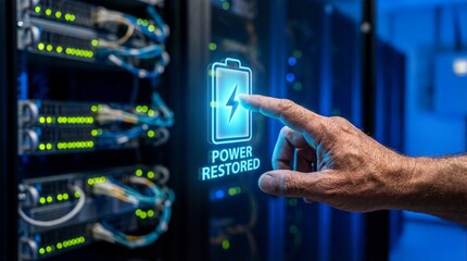 Hand restoring power to server room with glowing battery icon