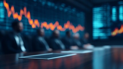 A blurred view of a business meeting with figures seated, a digital display in the background showing financial data trends.