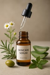 Skincare serum dropper bottle with natural ingredients like aloe vera and chamomile, dripping liquid for organic beauty concept and healthy skin routine