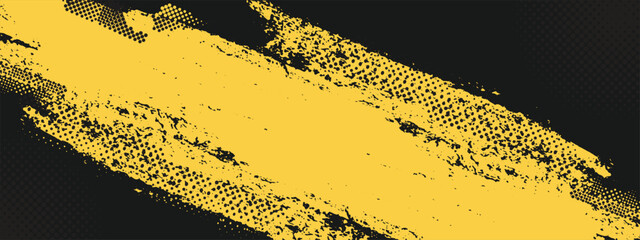 Abstract brush grunge background. Black and yellow grunge abstract background with halftone style. Retro vintage background and grunge frame. Yellow and black banner with grunge smears.