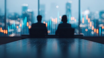 Two professionals sit at a table, overlooking a city skyline with illuminated financial charts, suggesting a focus on business analysis and strategy.