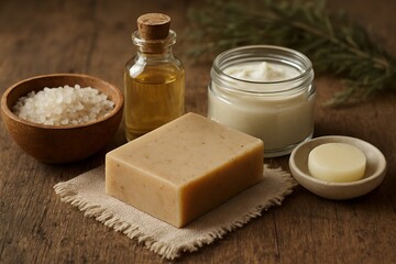Natural skincare set with handmade soap, essential oil, body cream, and bath salts on rustic wood for a wellness concept and self-care routine