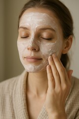 Close up of young woman applying white cream face mask to her skin with closed eyes and relaxed expression for a self-care beauty concept and peaceful wellness at home