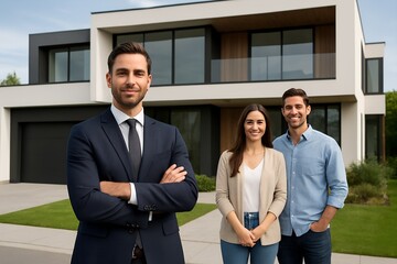 Professional real estate agent and happy young couple standing in front of a modern house for home buying concept and property investment