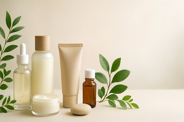 Natural cosmetic products with green leaves on a beige background for an organic skincare concept and minimalist beauty display